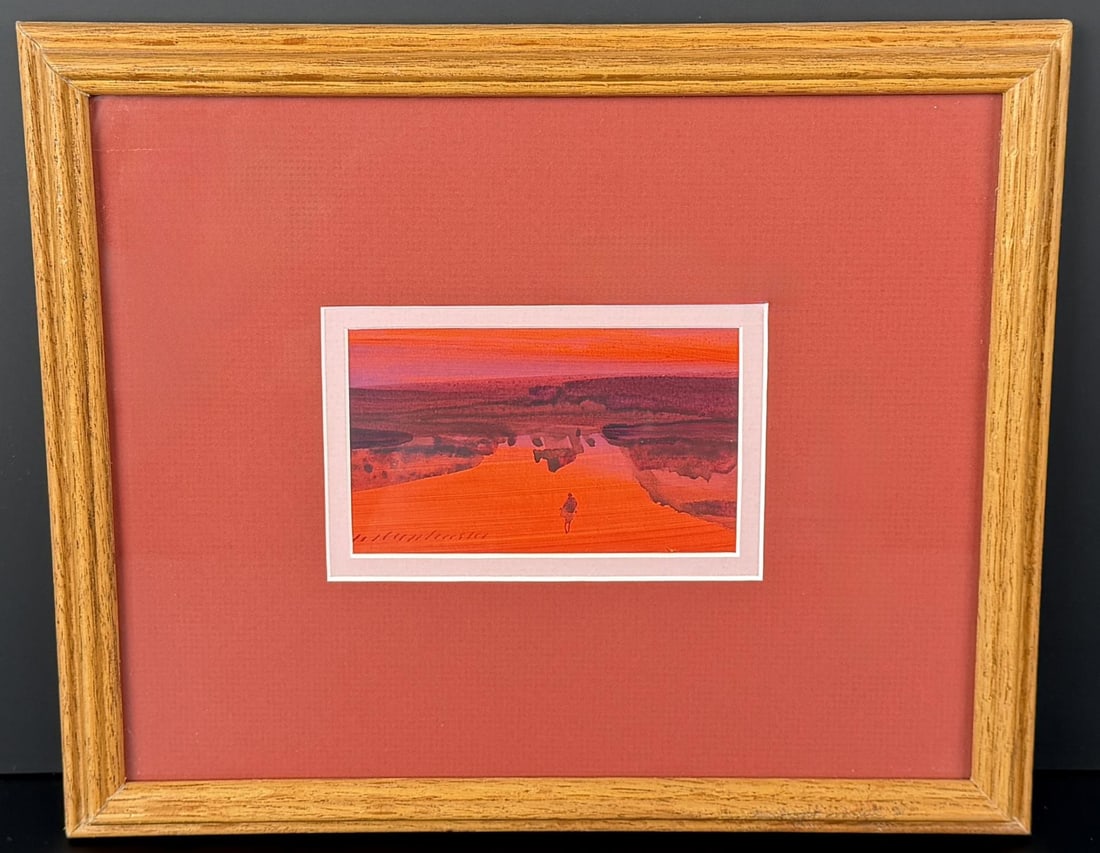 Buffalo Kaplinski Sky Man Watercolor Painting: Title is Sky Man. 4" by 2 1/2" unframed. 9" by 11" framed. Watercolor on paper. Buffalo Kaplinski (Born 1943) is active/lives in Colorado, Illinois. Buffalo Kaplinski is known for Mod mountain landsca
