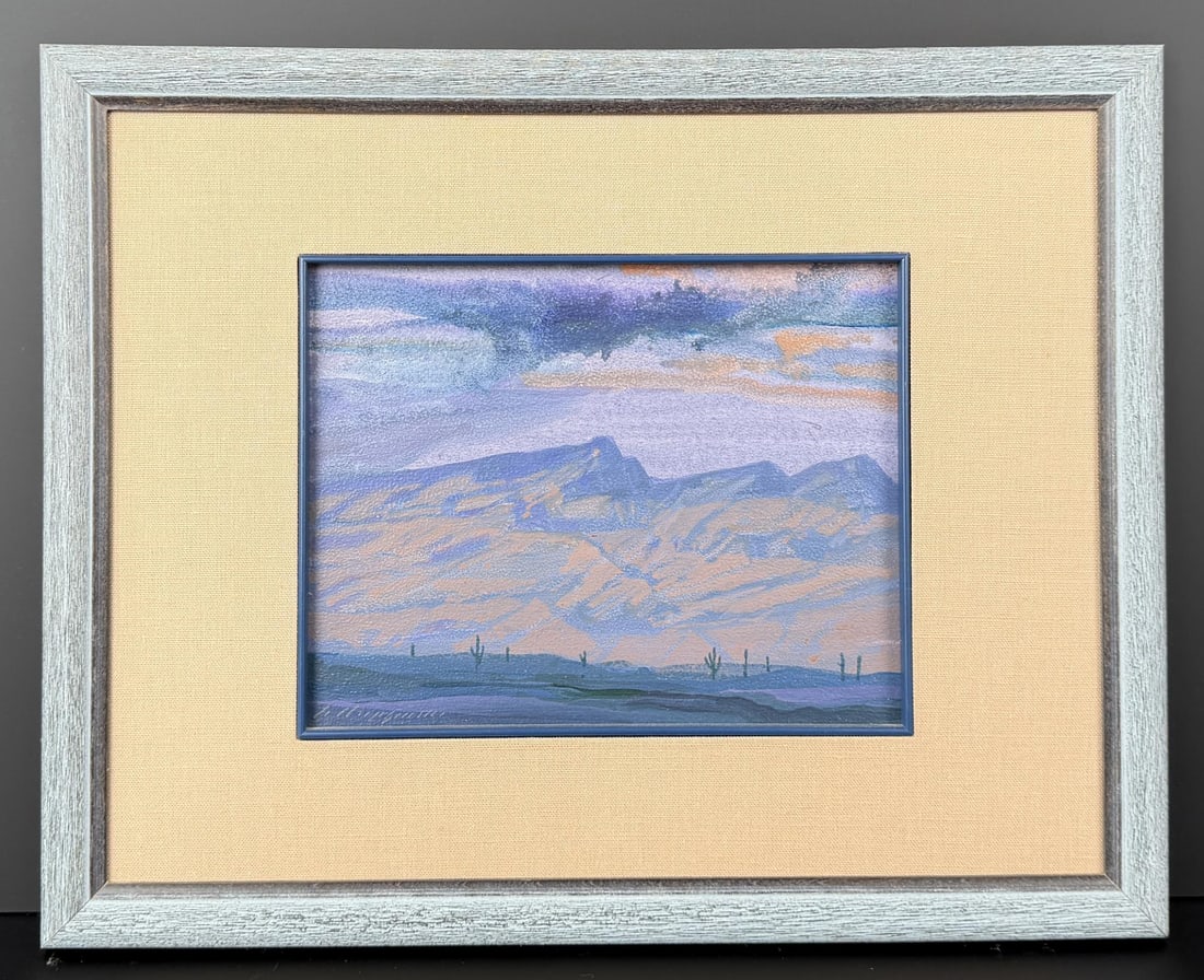 Buffalo Kaplinski End of the Day Storm Painting: Title is End of the Day Storm. 7 1/2" by 9" unframed. 14" by 17" framed. Gouache on board. Buffalo Kaplinski (Born 1943) is active/lives in Colorado, Illinois. Buffalo Kaplinski is known for Mod mount