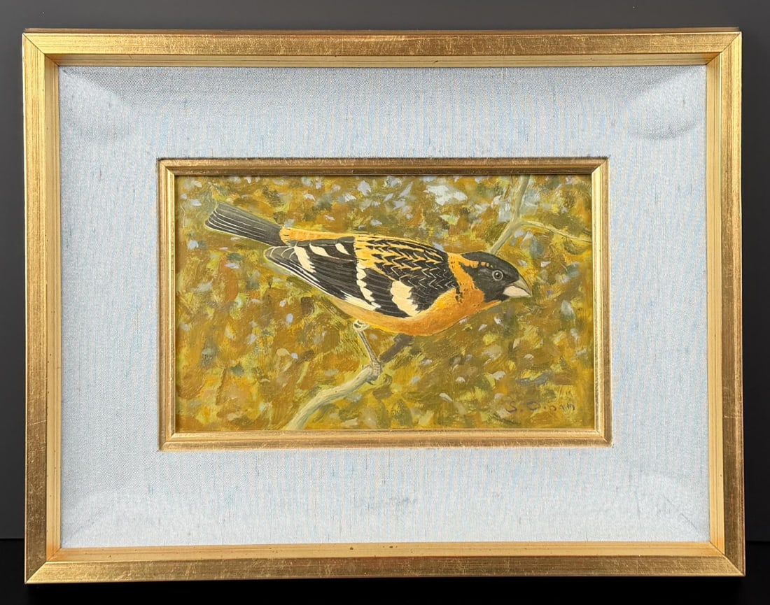 Sheridan Winslow Oman Grosbeak Painting: Title is Grosbeak. 5" by 8" unframed. 11" by 14 1/2" framed. Oil on Board. Printmaker, painter, and sculptor Sheridan Winslow Oman was born on October 20, 1926 on a farm in Hightstown, New Jersey to M