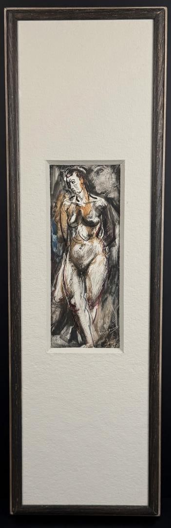 Victor De Pauw Abstract Nude Painting: Title is Abstract Nude. 5 1/2" by 14" unframed. 11" by 37 1/2" framed. Mixed Media on Board. Victor De Pauw. 1902 Brussels, Belgium - 1971 Long Island, New York. Known for: Illustrator, cityscape, por