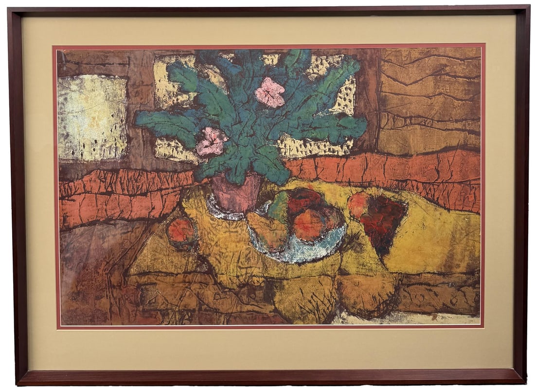De Wain Valentine Avec Hommage Au Cezanne: Title is Avec Hommage Au Cezanne. 35 1/2" by 22 1/2" unframed. 30 1/2" by 41" framed. Color Woodcut. De Wain Valentine. 1936 Fort Collins, Colorado - 2022. Known for: Minimalist industrial material sc