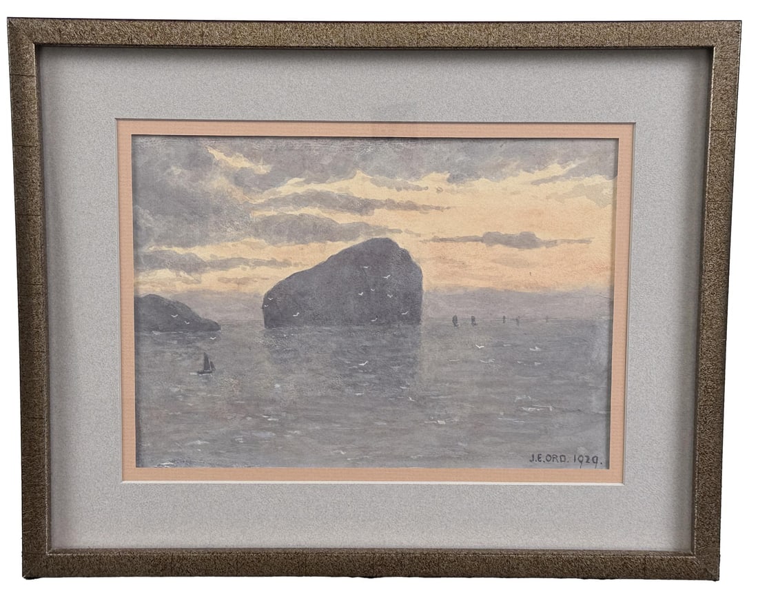 JE Ord Ocean Landscape Watercolor Painting: 9 1/2" by 6 1/2" unframed. 14" by 11" framed. Signed lower right. 1929. Watercolor on paper.