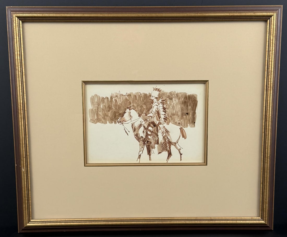 Ned Jacob Indian Chief Watercolor Painting: Title is Indian Chief. 8 1/2" by 5 1/2" unframed. 18 7/8" by 15 7/8" framed. Watercolor on Paper. Ned Jacob (Born 1938) is active/lives in Colorado, Tennessee. Ned Jacob is known for Figure, portrait,