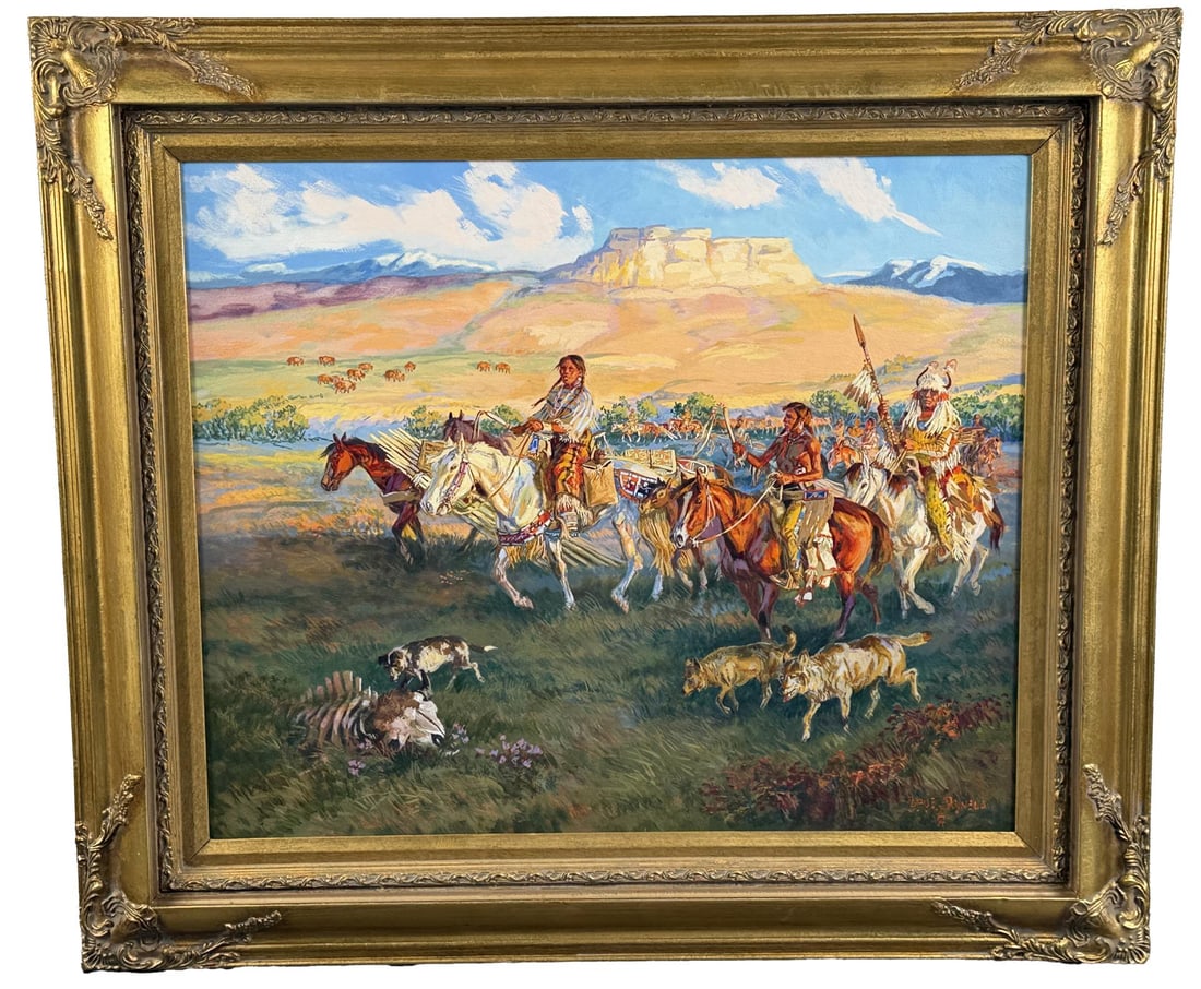 Dave Powell Pageant of the Past Painting: Title is Pageant of the Past. 20" by 24" unframed. 31" by 27" framed. Oil on Canvas. David (Dave) Powell (Born 1954) is active/lives in Montana. David Powell is known for Western figure, cowboy genre.