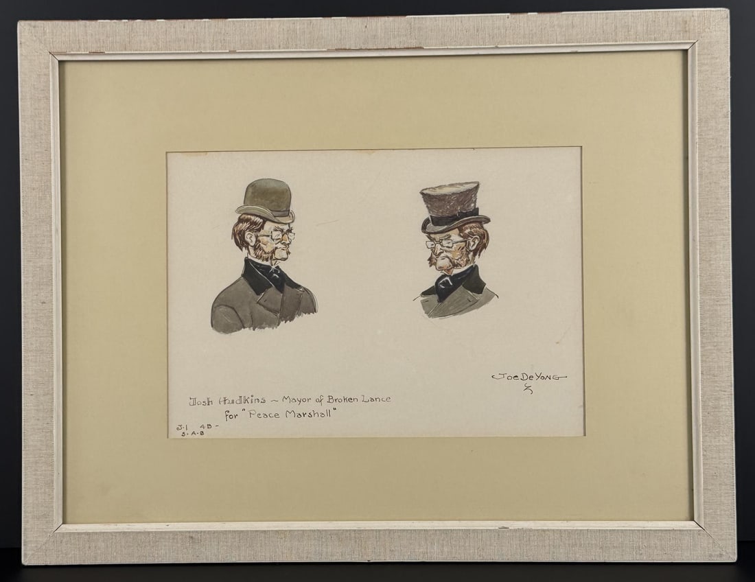 Joe De Yong Josh Hudkins for Marshall Painting: Title is Josh Hudkins Mayor of Broken Lane for Peace Marshall. 9" by 12" unframed. 17" by 22" framed. Gouache on Board. Joe (Joseph) Franklin De Yong (1894 - 1975) was active/lived in California, Mont