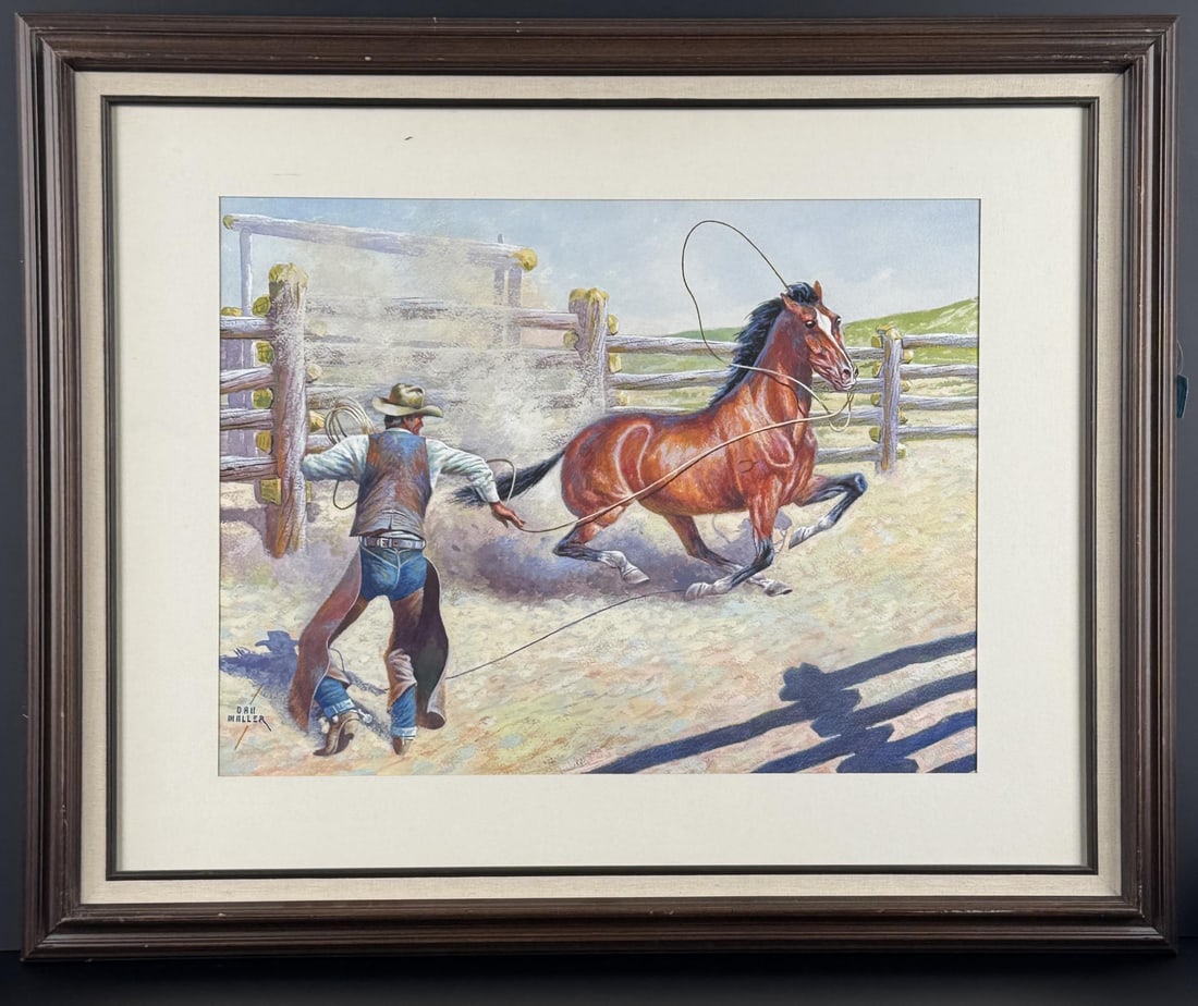 Daniel Muller His First Rope Painting: Title is His First Rope. 16 1/2" by 21 1/2" unframed. 26 1/2" by 32 1/2" framed. Watercolor on Board Daniel Cody (Dan) Muller. 1889 Choteau, Montana - 1977. Known for: Cowboy genre, illustration, mura