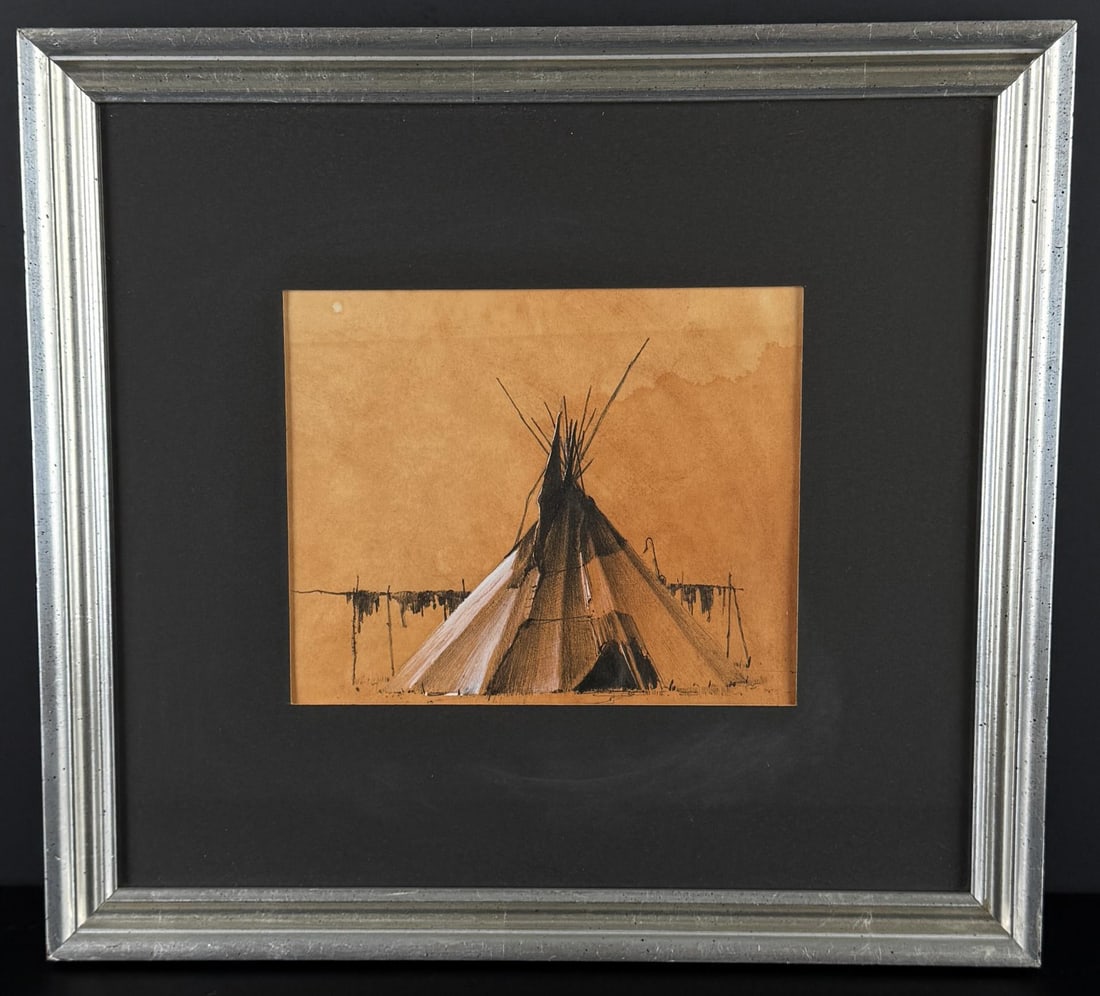 Michael Coleman Blockpost Tepee Painting: Title is Blockpost Tepee. 12" by 14" unframed. 14 1/4" by 15 1/2" framed. Gouache on Board. Provenance: Zantman Art Galleries Carmel by the Sea California. Michael B. Coleman (Born 1946) is active/liv