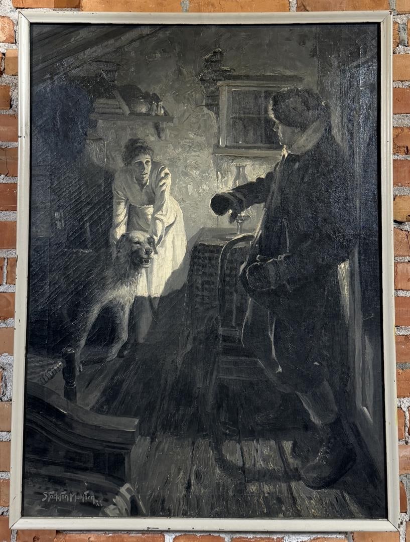 Stockton Mulford Law of the Trap Line Painting: Title is Law of the Trap Line. 27" by 37" unframed. 28 1/2" by 38 1/2" framed. Oil on Canvas. Provenance: Illustrated for American Magazine 3580 August 1923. Condition: Has a crude puncture repair, an