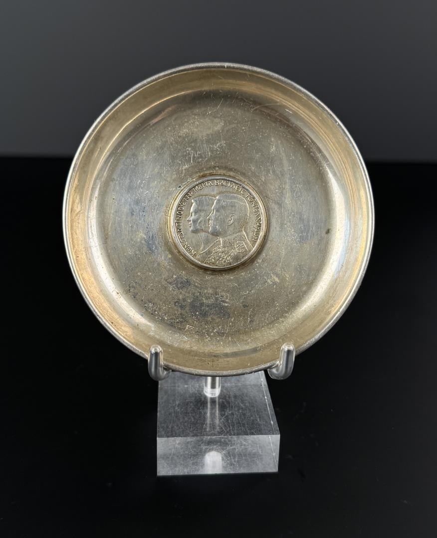 Sterling Silver 1964 Greek 30 Drachmai Coin Dish: 3 7/8" by 3 7/8" by 1/4". 64.42 grams 900/1000 silver coin.
