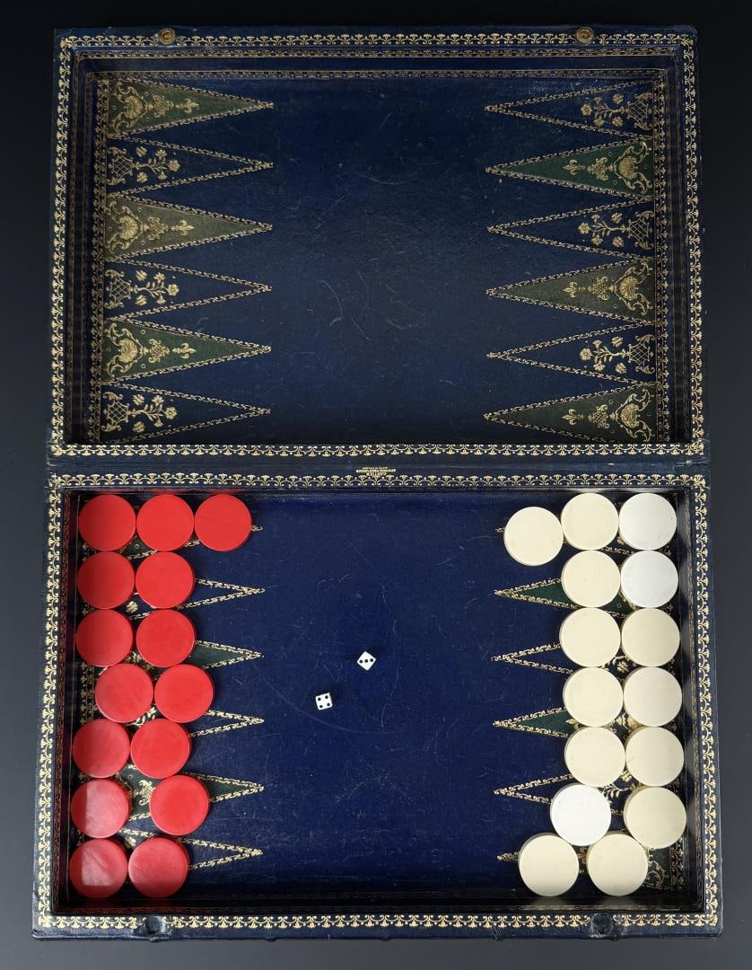 Victorian Cartier Leather Backgammon Board Set: 15" by 10 7/8" by 3 1/4".