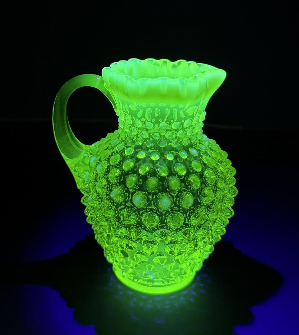 Fenton Uranium Glass Hobnail Syrup Jug: 5 1/2" by 4" by 4".