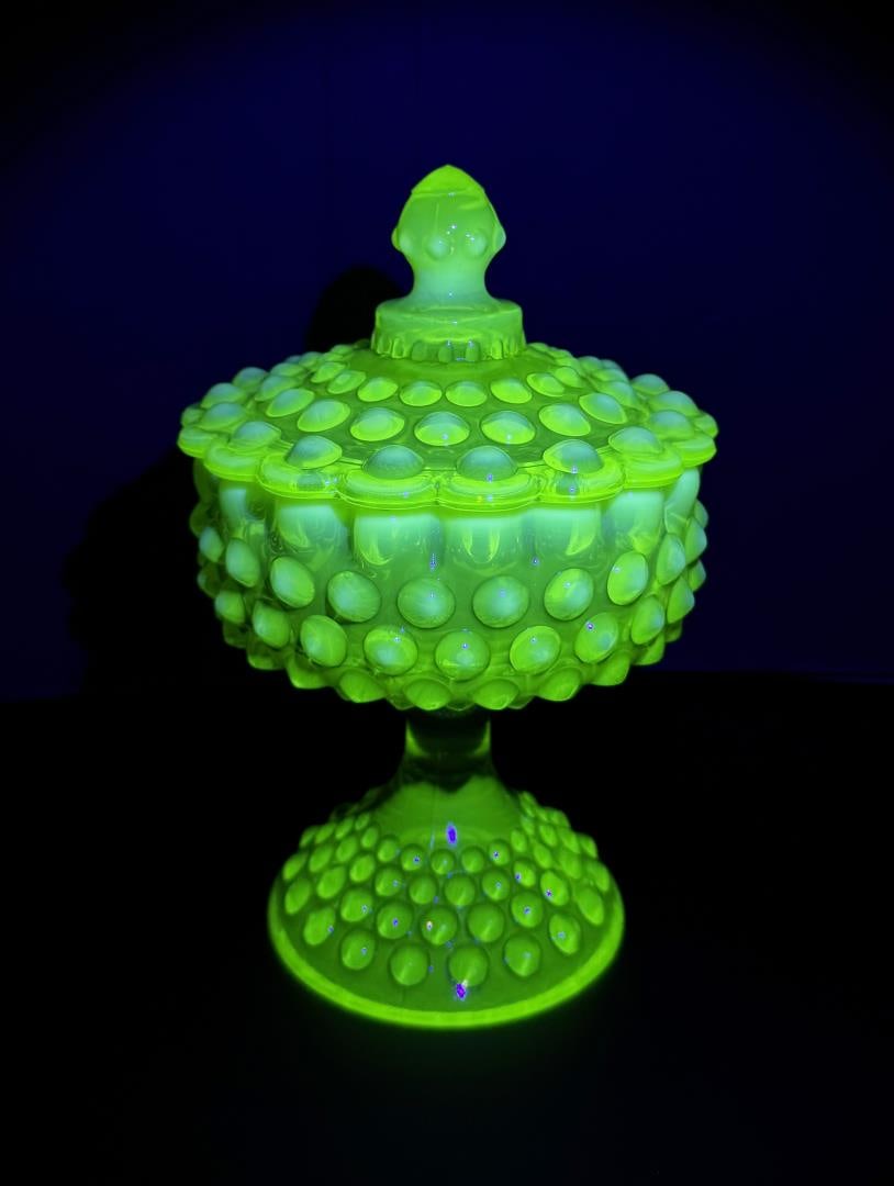 Fenton Vaseline Uranium Hobnail Candy Compote: 8 1/4" by 5 1/2" by 5 1/2".