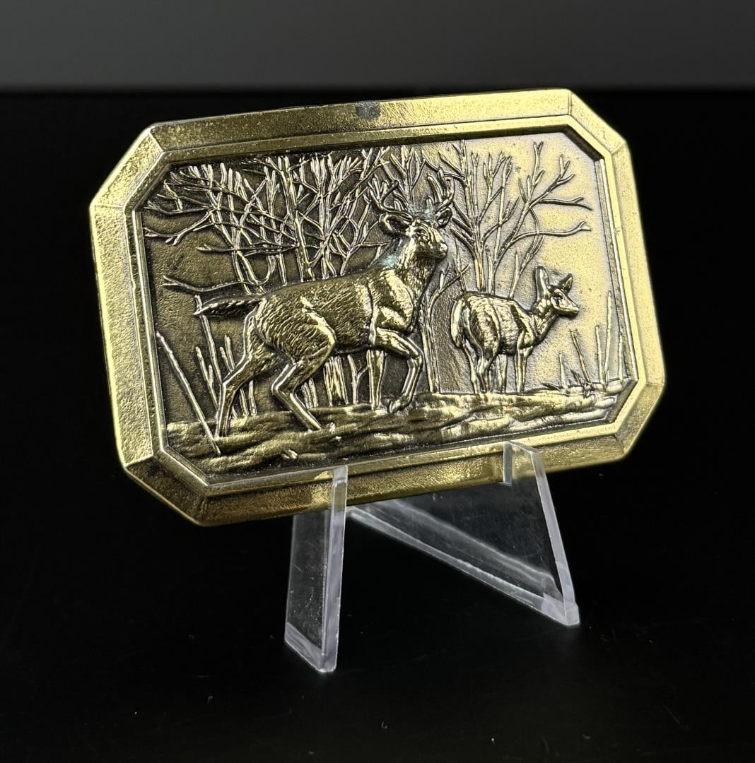 1976 Great American Buckle Co Deer Belt Buckle: 3 1/4" by 2 1/4" by 1/2". Serial number 520.