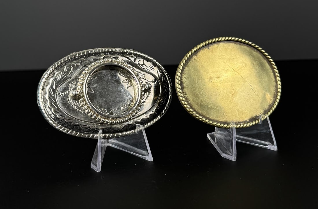 Coin Holder Cowboy Belt Buckles: Largest is 3 7/8" by 2 1/2" by 1/2".