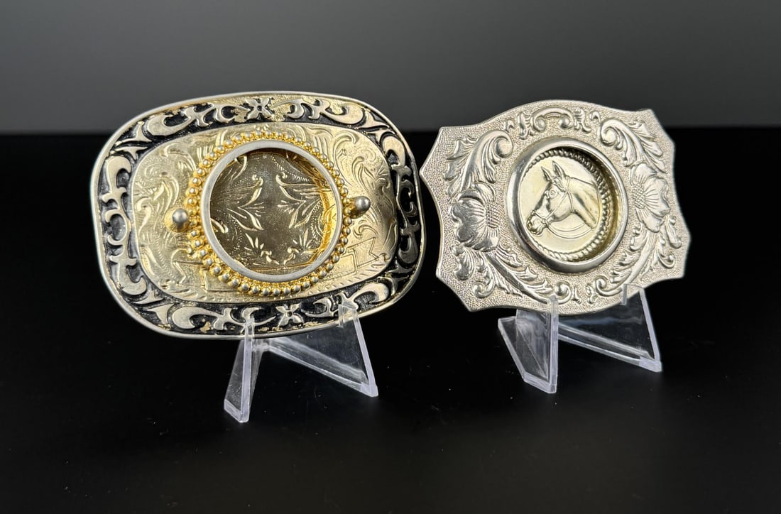 Coin Holder Cowboy Belt Buckles: Largest is 3 7/8" by 2 7/8" by 1/2".