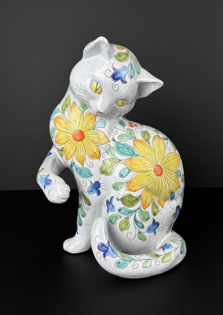 Mid Century Italian Majolica Pottery Floral Cat: 13 3/4" by 10" by 8 1/8". A couple small chips towards the bottom of the cat as shown.
