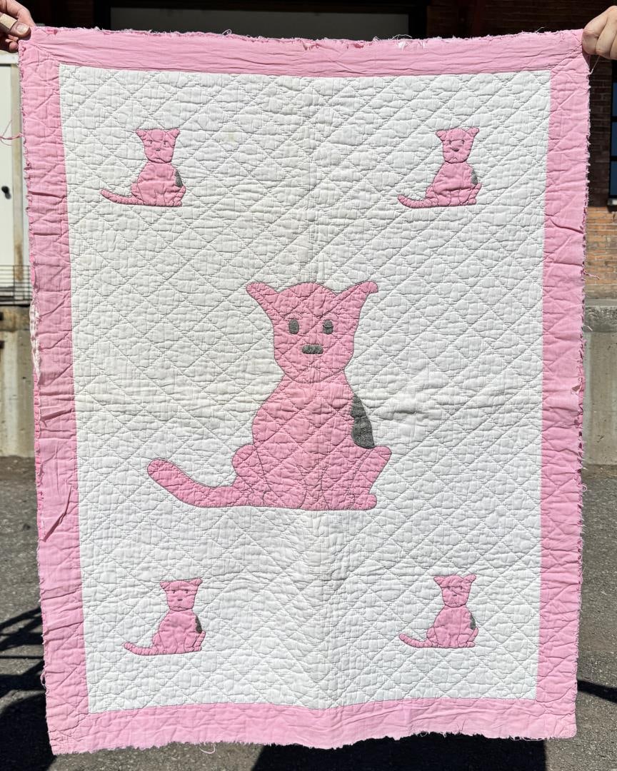 1940s Pink Gingham Dog Quilt: 31 1/2" by 40 1/2".