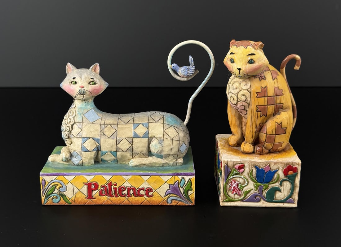 Pair of Heartwood Creek Jim Shore Cat Figurines: Patience Cat from 2006 Model number V4006926 and Jasper the Cat from 2003 Model number 114424.