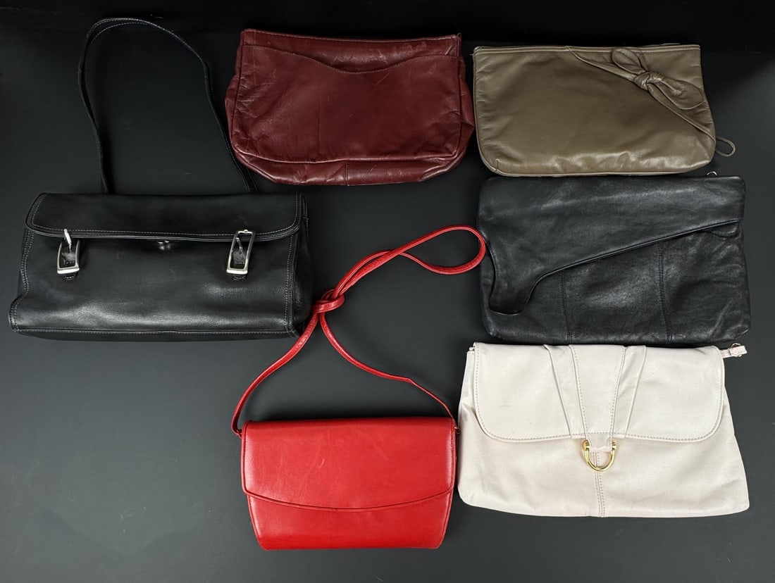 Collection of Assorted Leather Purses Handbags: Nice grouping. Crawford's, Margolin and Frenchy of California are a few of the brands represented in this lot.