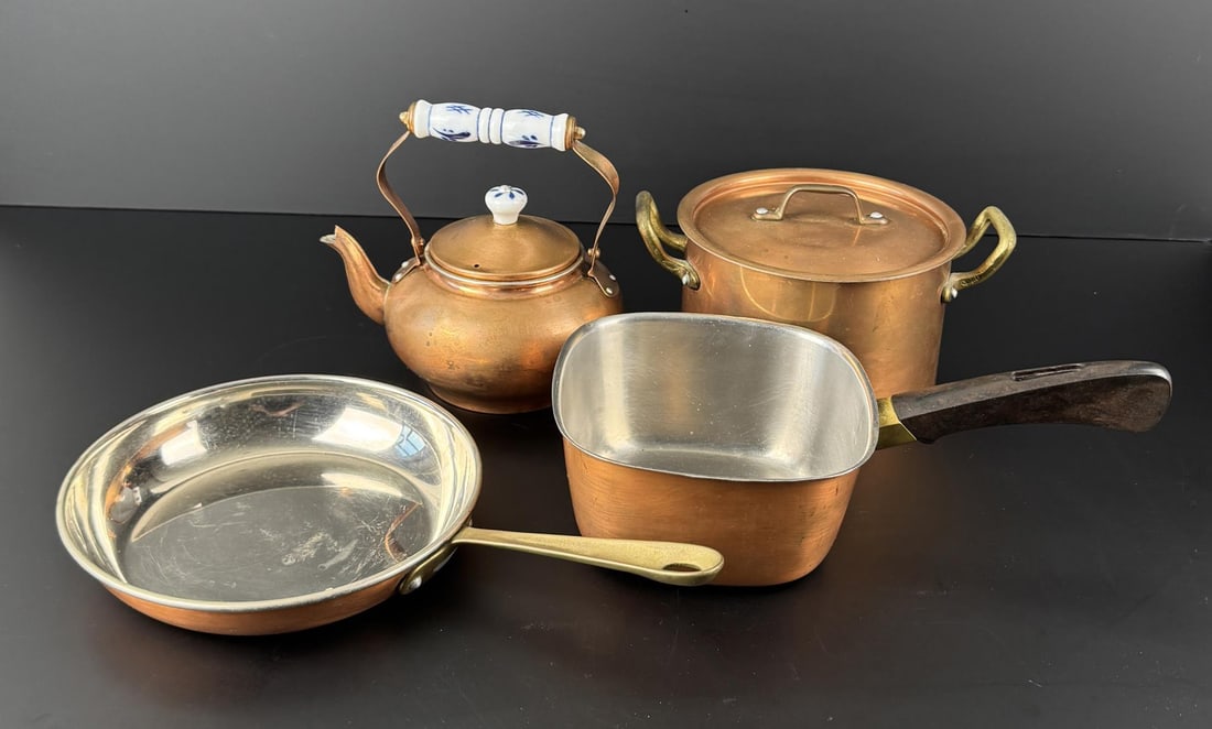 Collection of Copper Cookware: Blue Onion tea kettle, Bridgeport pan.