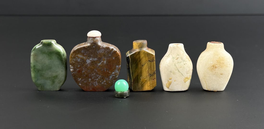 Collection of Chinese Stone Snuff Bottles: Largest is 1 7/8" by 1 7/8".
