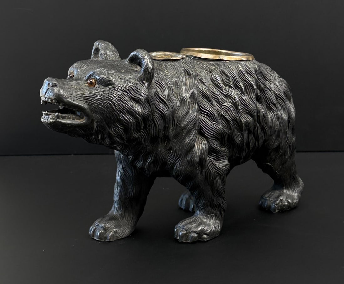 Victorian Spelter Black Forest Style Bear Inkwell: 3 3/8" by 5 7/8" by 9 3/8".