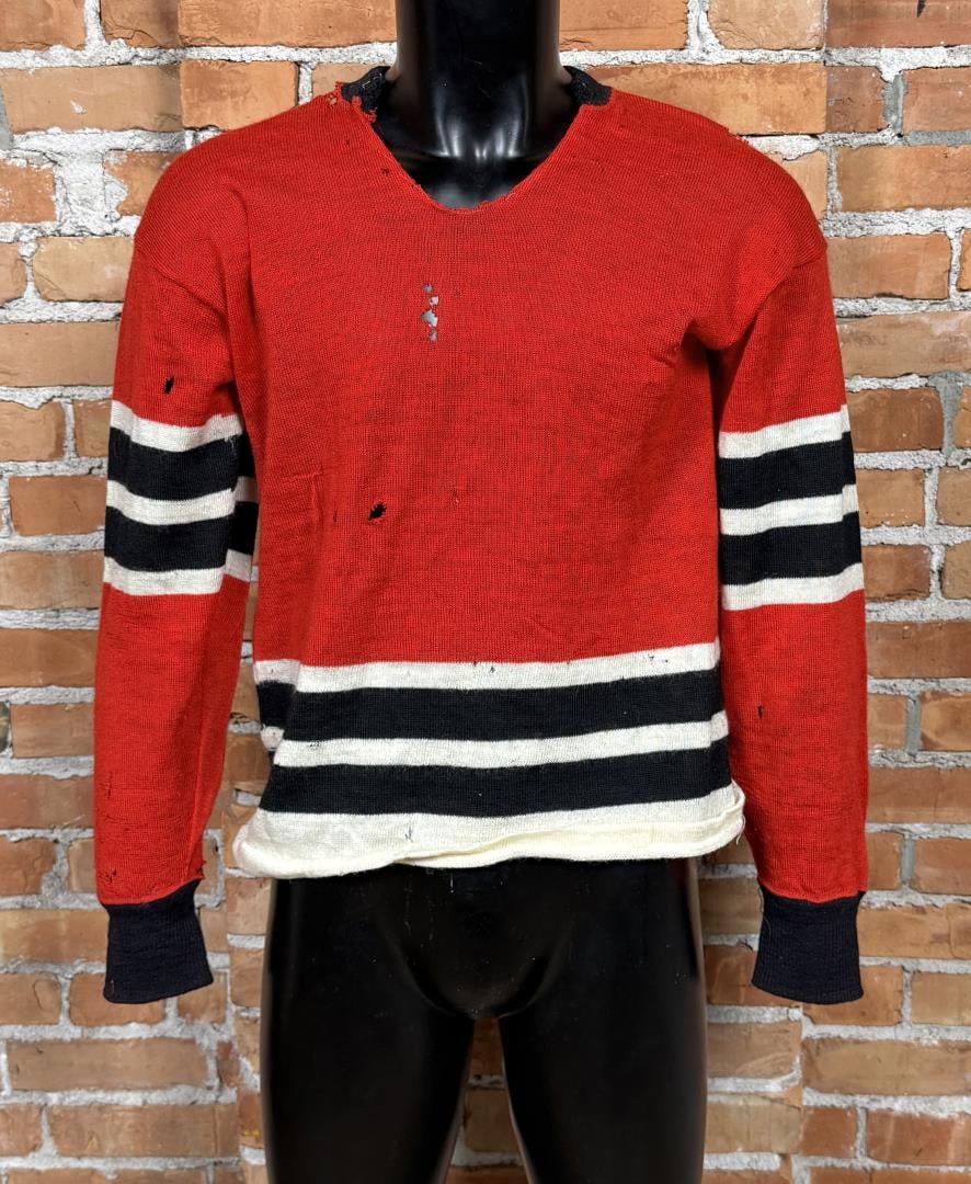 1950s Chicago Blackhawks Wool NHL Sweater Jersey: Bobby Hull, Number 9, 20" chest, 21" shoulder, 23" length. Damage as shown.