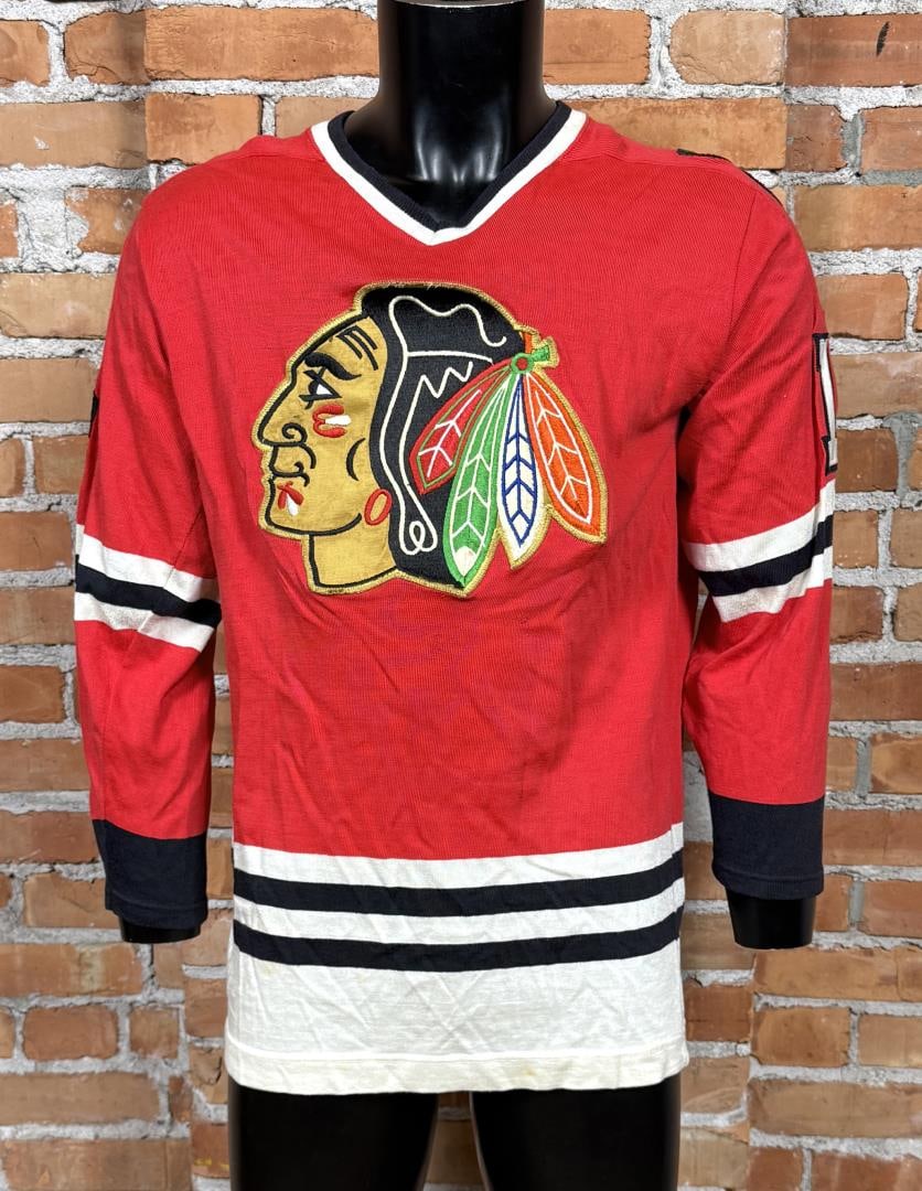 Chicago Blackhawks Rayon NHL Hockey Jersey: Dennis Savard number 18, 21" chest, 17 1/2" shoulder, 27 1/2" length. 1970s, 80s.