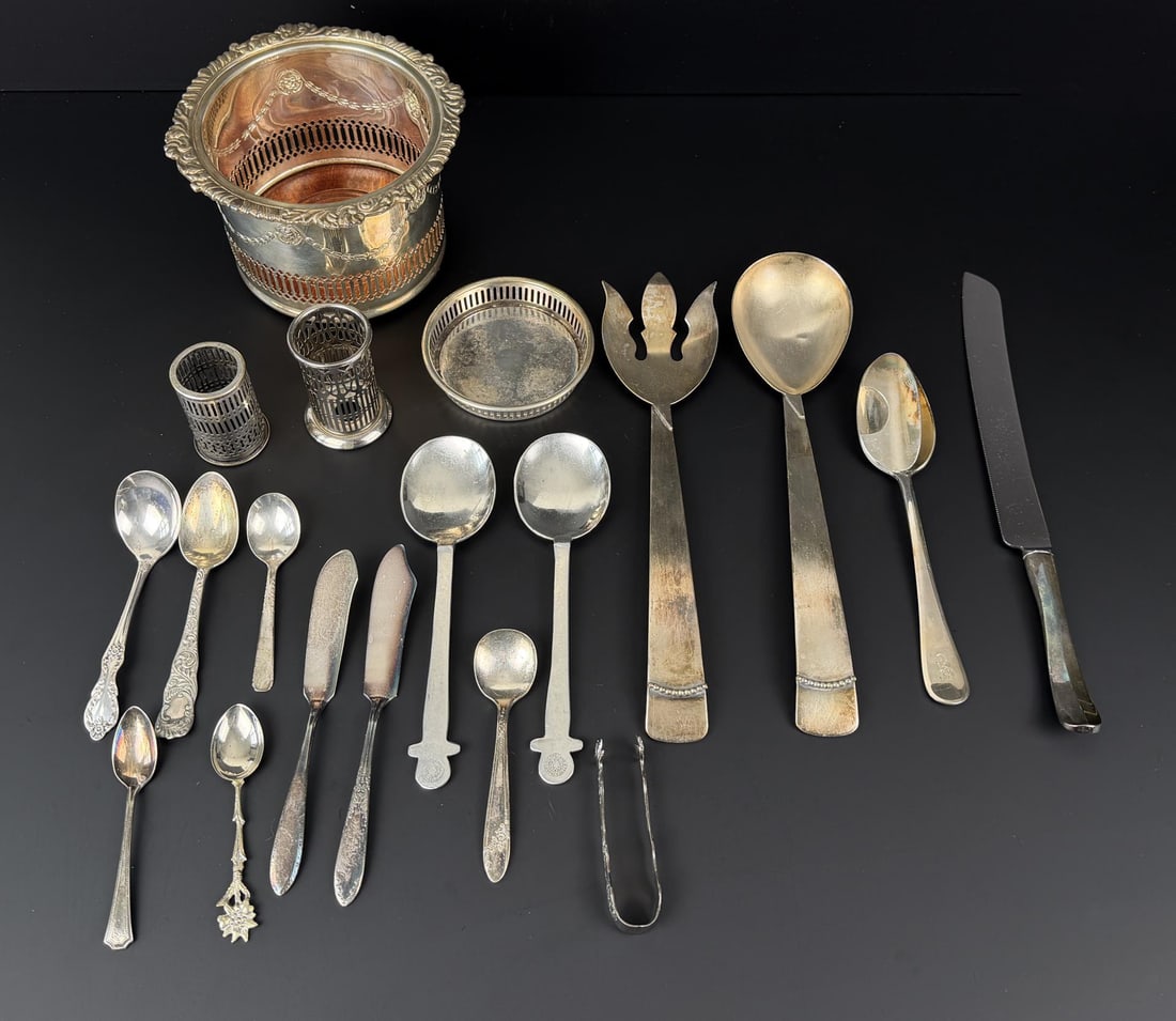 Collection of Silver Plate Flatware: Nice group, 1500 grams. Champagne coaster is 4 1/8" by 6 1/4".