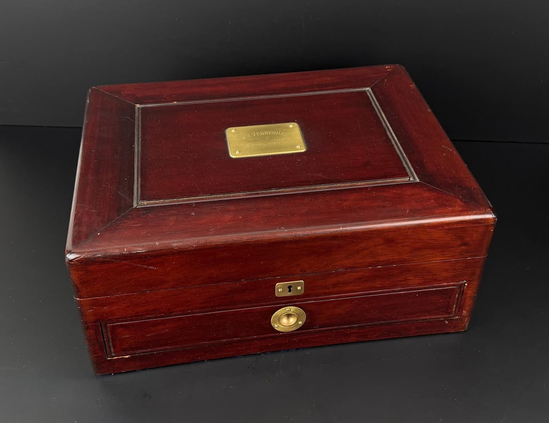 Victorian Locking Flatware Storage Box: 17 1/2" by 12 7/8" by 6 7/8". Personalized to a WH Verneuille. Dated Christmas 1900. Lined with Haggerty Silversmith's Cloth.