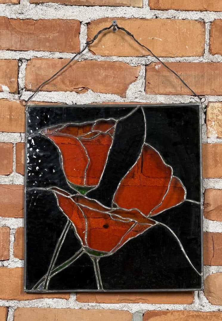 Poppy Flowers Stained Glass Suncatcher Window: Panel is 13 3/8" by 12 3/4". not including wire hanger.