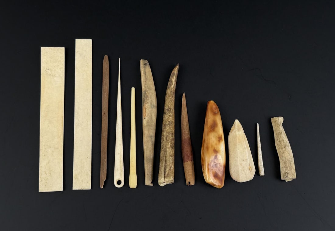 Ancient Thule Inuit Alaskan Eskimo Tools: Bone Harpoons, Ice Picks, Awls, Handles, and Net Repair Tools. Native made prior to 1972. This item cannot be shipped to Oregon, California, Hawaii, New York, New Jersey, Internationally, or any other