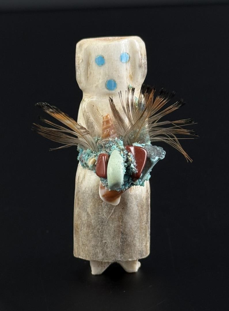 Marvelita Phillips Zuni Antler Corn Maiden Fetish: 2 1/8" tall. Her basket contains Coral, Turquoise, Feathers and seashells.