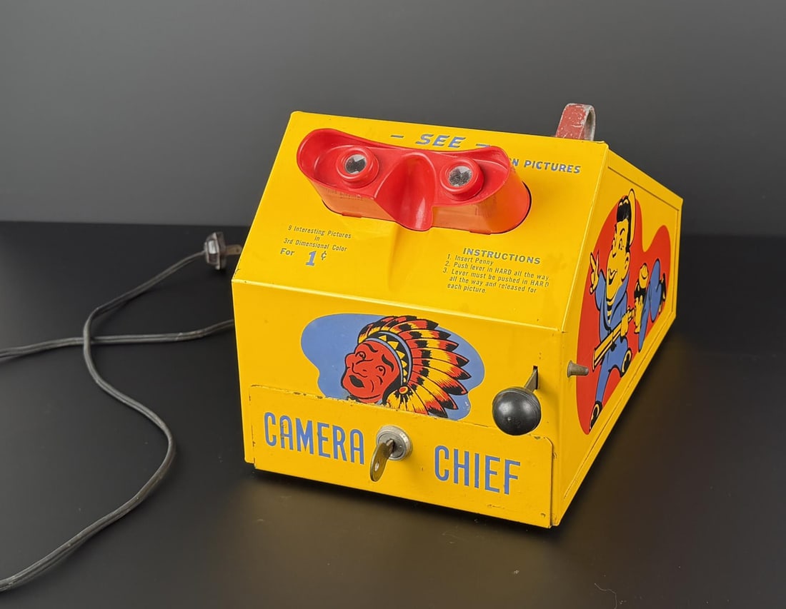 1940s ASCO Camera Chief Stereo Viewmaster: 19" by 15 1/4" by 8 1/4". Coin operated.