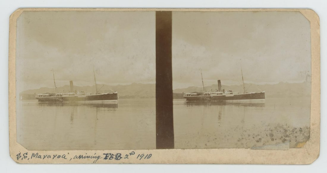 SS Mararoa Arriving Wellington Harbor Stereoview: Nice example. Shows the SS Mararoa arriving in Wellington Harbor, New Zealand in 1910. The back shows people socializing in a TeKohanga, or the nest, on January 1st, 1910.