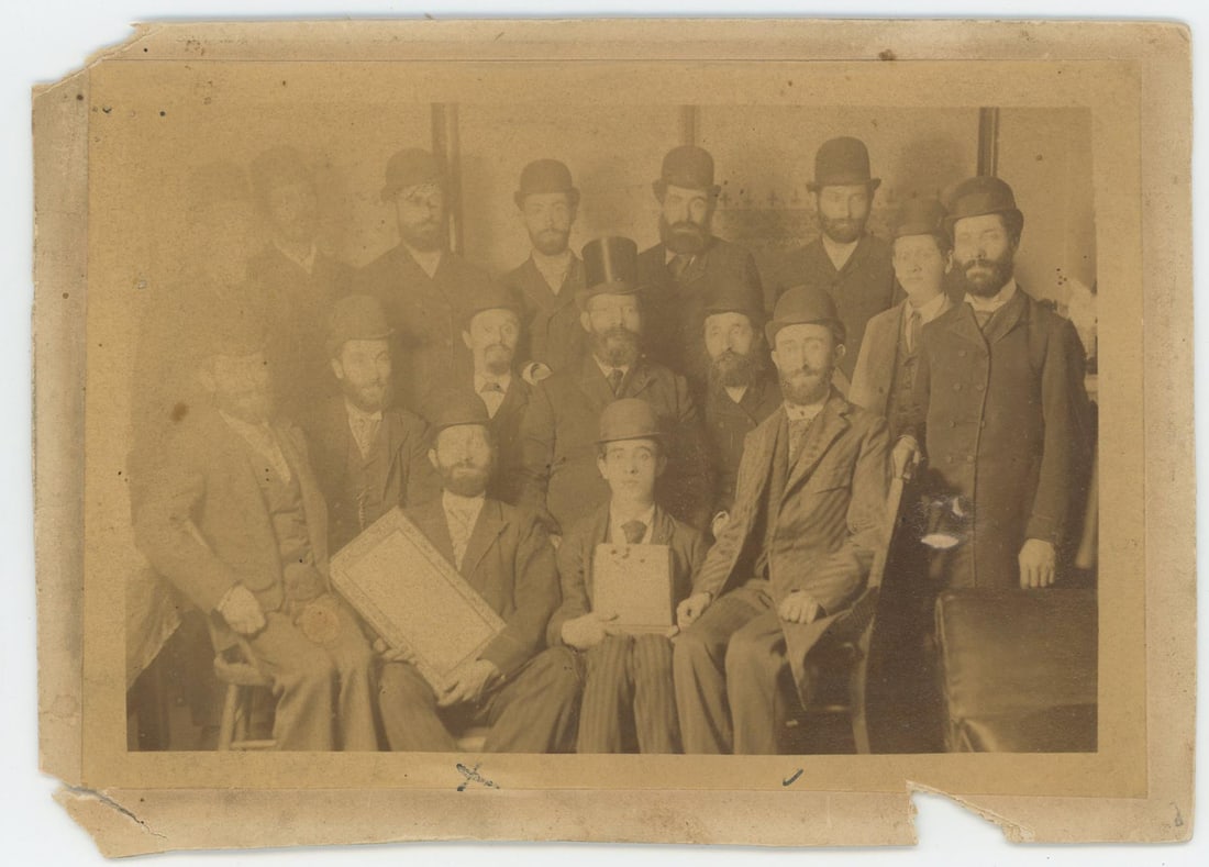 Mesmerizta Hebrew Society Cabinet Card Photo: 7" by 5". Some people identified as Ellis and Jacob Meisler.