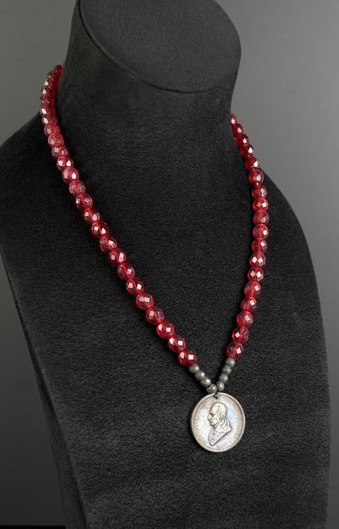 Native American Indian Peace Medal Necklace: 13 1/2" long as displayed. Medal is a reproduction