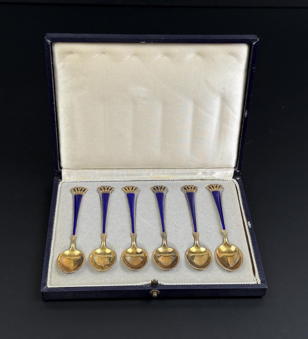 Egon Lauridsen Danish Sterling Enamel Spoons: 3 7/8" long each. 62 grams. Set of 6.