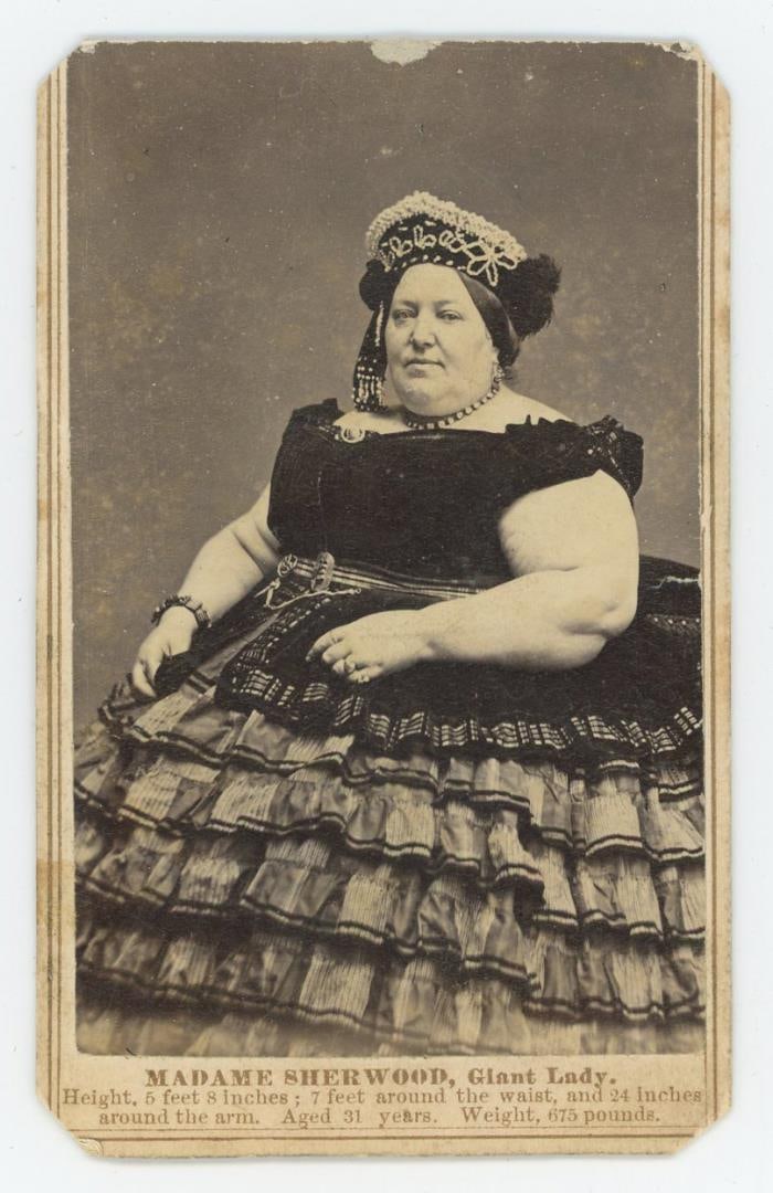 Signed Madame Sherwood Giant Lady Circus Freak CDV: Photo Specialite Charles D Fredricks & Co photographer.