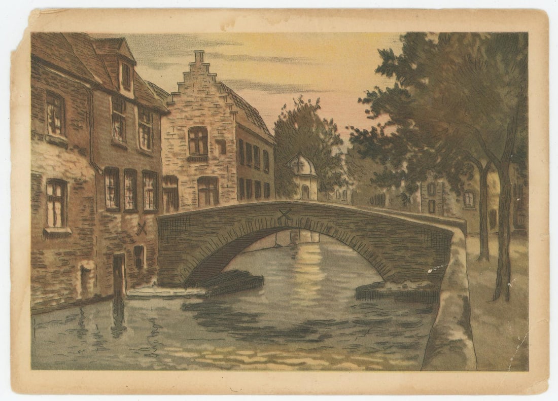 Pont du Cheval Horse Bridge Engraving Bruges: Belgium. Hand Colored. Measures 7" by 5".