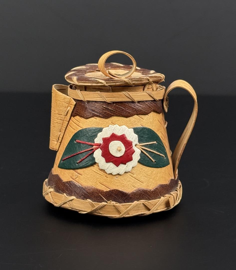 Chippewa Birch Bark Coffee Pot Basket: 3" by 3 1/4".