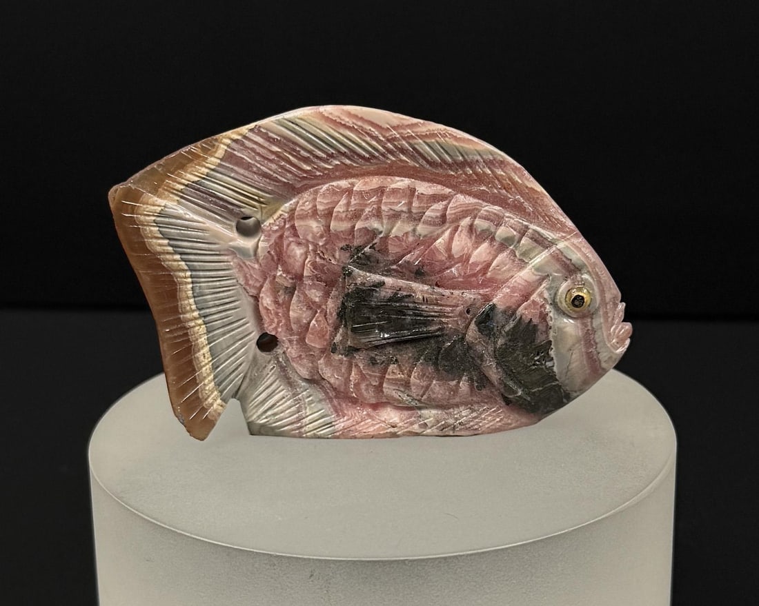 Rhodochrosite Fish Carving: 3" by 1 7/8" by 3/4". 91.7 grams.