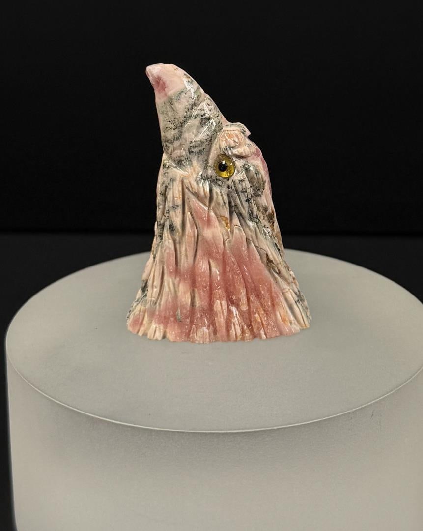 Rhodochrosite Eagle Bird Head Carving: 2 1/8" by 1 1/2" by 1/2". 36.0 grams.