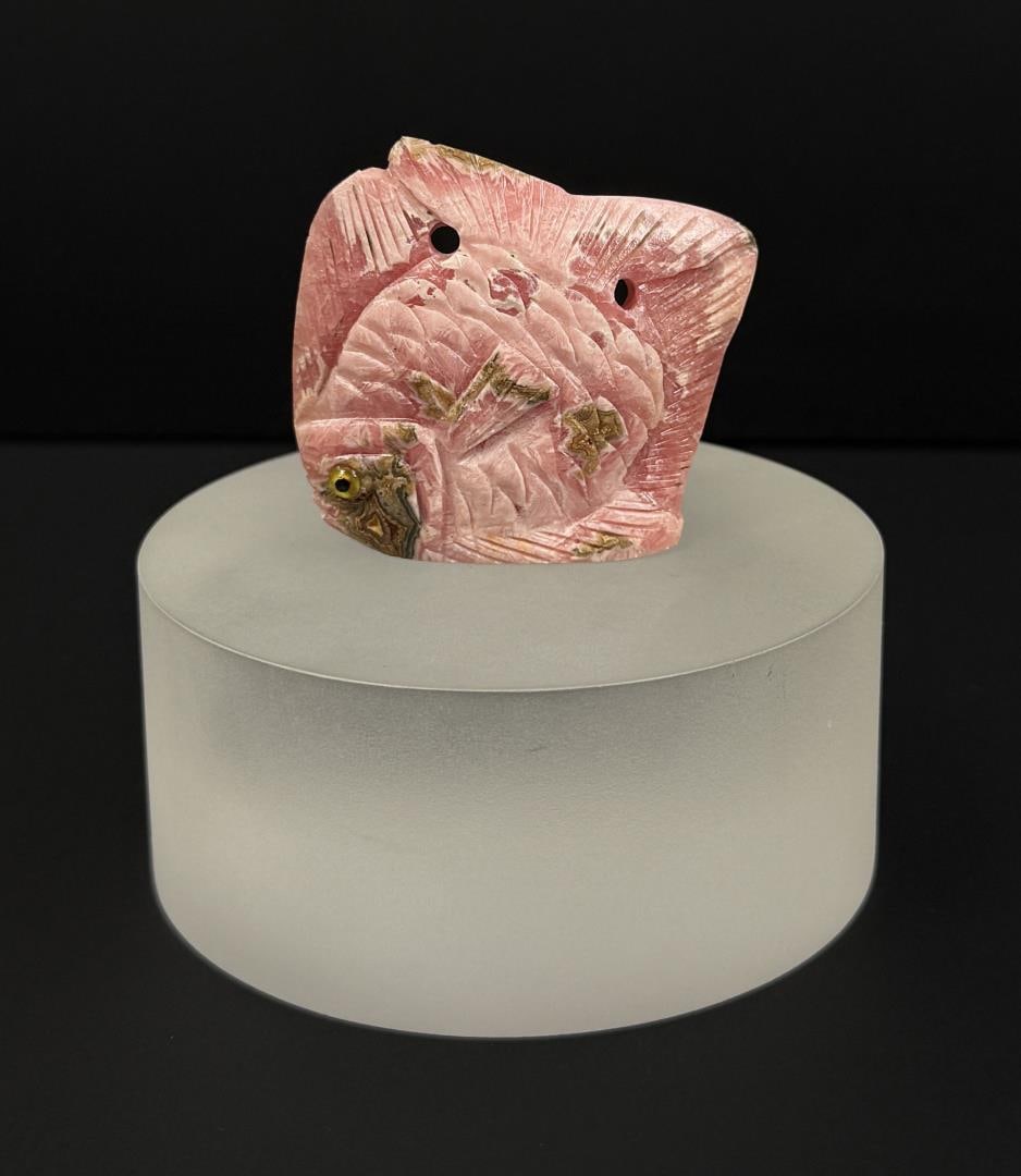 Rhodochrosite Fish Carving: 2 1/8" by 1 7/8" by 1/2". 62.5 grams.