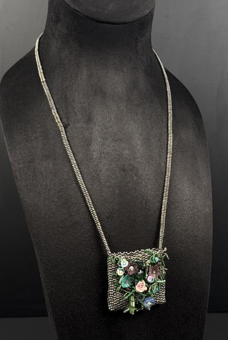 Beaded Floral Necklace Bag Pouch: 14 3/4" long by 2 1/4" wide.