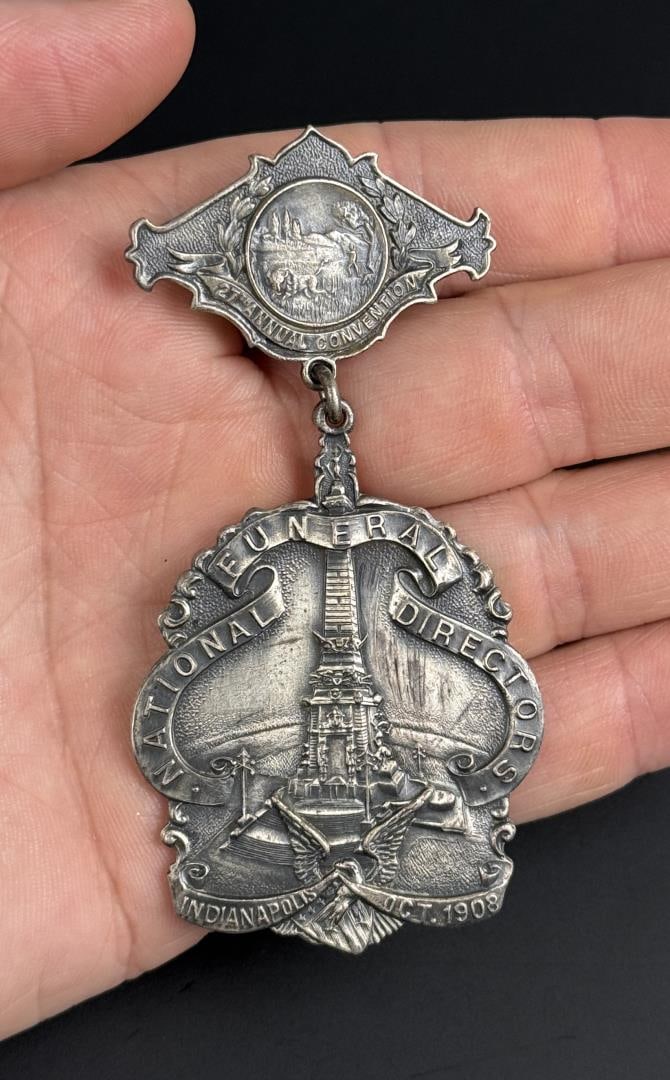 1908 Funeral Directors National Convention Medal: 27th Annual Convention in Indianapolis, Indiana. October of 1908. Manufactured by Whitehead & Hoag.