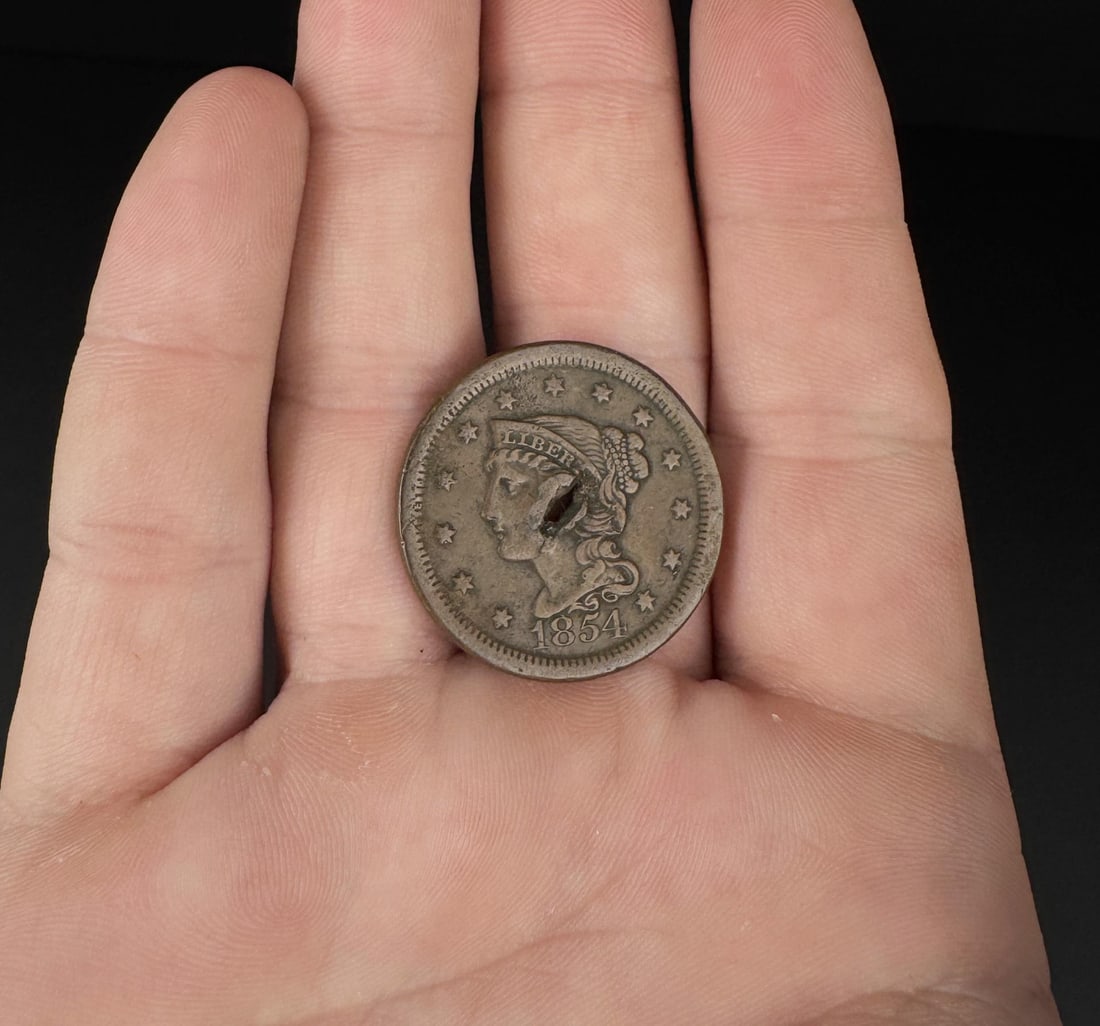 1854 United States Braided Hair Large Cent: Holed as shown.