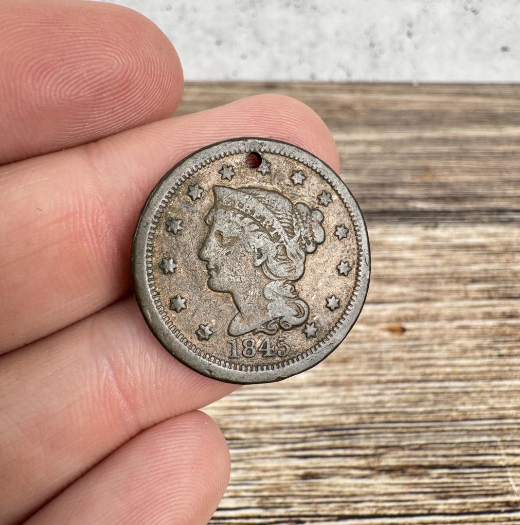 1845 Braided Hair Large Cent Coin: Holed.