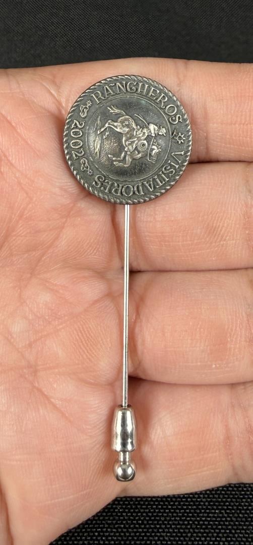 2002 Rancheros Visitadores Sterling Stick Pin: 2 1/2" long. 6.55 grams. Nice stick pin commemorating the 2002 Rancheros Visitadores ride, a historical horsemen's group in the Santa Ynez Valley.