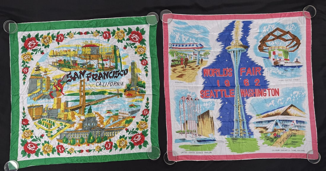 Pair of Vintage Silk Souvenir Scarves Bandanas (1 of 3)